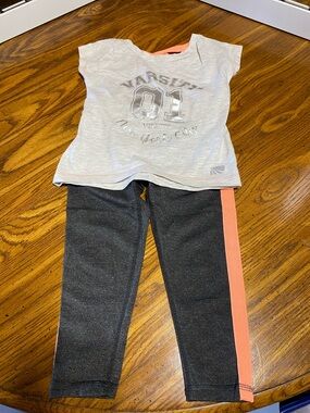 Marika Kids Black Leggings with Coral Pink Side Stripes and grey tee with coral